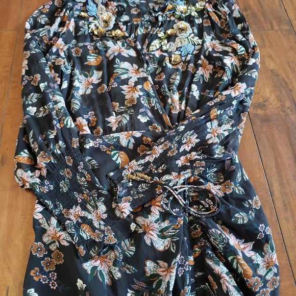 Veronica Beard Shaia Embellished Ruched Ruffle Sleeve Dress in Black Multi Sz 6 - Picture 8 of 13